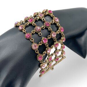 Vintage Pink & Fusia Rhinestone Bracelet Big Chunky Thick Antiqued Gold Tone